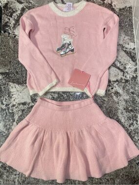 Luluarin Girls Pink Knit Skirt & Sweater Set with Ice Skate Detail